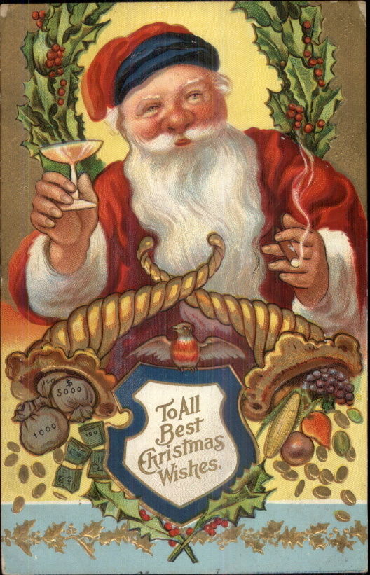 Christmas - Santa Claus Smoking Cigar Drinking Wine/Champagne Postcard ...