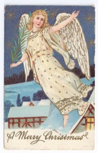 Christmas Angel Flying over Snowy Town with Palm Branch 1910 Embossed Postcard