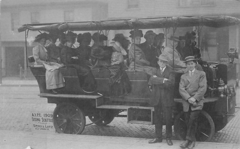 RPPC AYPE EXPOSITION TOUR BUS WASHINGTON SPIRO & LOTZ REAL PHOTO POSTCARD (1909)