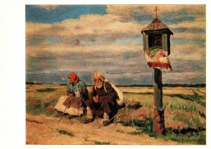 VINTAGE CONTINENTAL SIZE POSTCARD EASTERN EUROPE ART ON A CARD - COUPLE ON ROAD