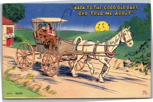 Postcard Artist Signed Irby Romance Humor Out of Gas Horse Carriage Good old day