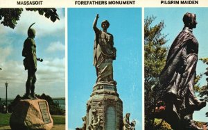 Vintage Postcard Famous Monuments Historic Plymouth MA Massasoit Pilgrim Maiden