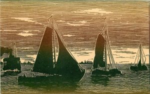 Postcard C-1910 Arts & Crafts sailing ships line drawing Drukwerk TR24-550