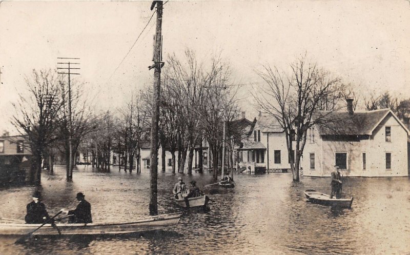 J36/ Three Rivers Michigan RPPC Postcard c1910 Flood Disaster Boats Homes 254
