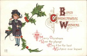 Christmas Children Telephone Embossed Vintage Postcard