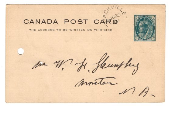 Victoria Jubilee Postal Stationery Postcard, Used Sackville, New Brunswick