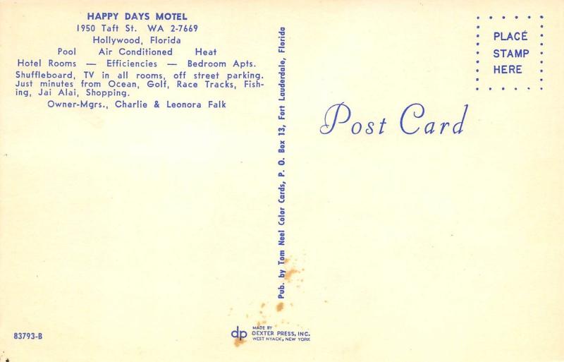 Hollywood Florida 1950-60s Postcard Happy Days Motel 