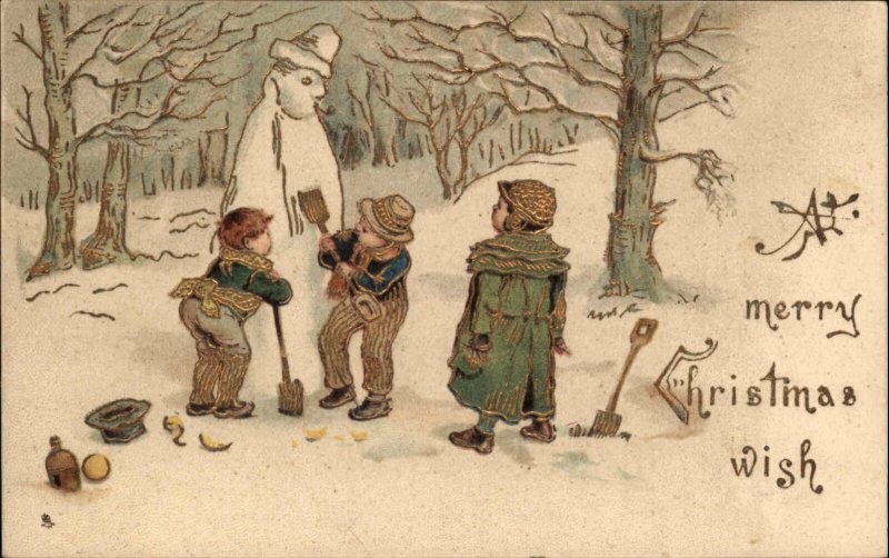 Christmas Children in Woods Build Snowman Gilt EmbossedTUCK 8299 Postcard