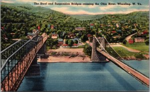 Steel Suspension Bridges Ohio River Wheeling West Virginia Postcard