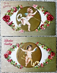 Two Valentine's Day Postcards Cupid with Bow and Arrow, Roses