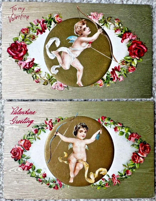 Two Valentine's Day Postcards Cupid with Bow and Arrow, Roses