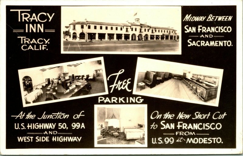 Vtg  RPPC 1930s Tracy California CA Tracy Inn Multi View Hwy 50 Interiors UNP