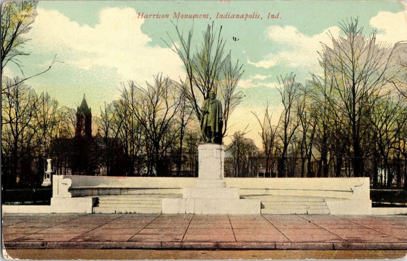 Harrison Monument Indianapolis Indiana WOB Vintage Postcard Cancel Statue 