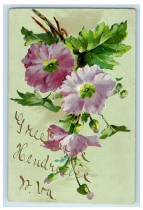 1907 Pink Flowers, Greetings from Hendricks West Virginia WV Postcard 