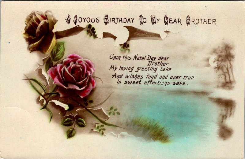 VINTAGE POSTCARD A JOYOUS BIRTHDAY TO MY DEAR BROTHER GELATIN STYLE c. 1920