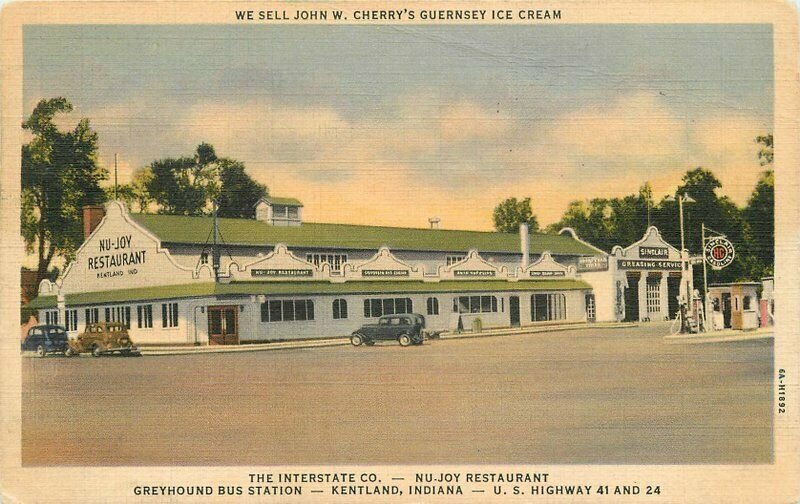 Greyhound Bus Nu Joy Restaurant Kentland Indiana Teich 1939 Postcard 20-8290