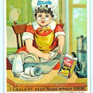 c1880s Glastonbury, CT Ivorine Dish Soap Trade Card Bonnet Girl Washes Dishes C9