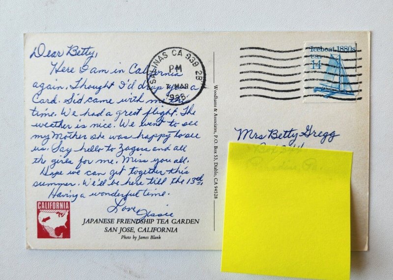 Japanese Friendship Tea Garden San Jose CA Postcard Posted 1988