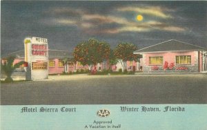 Winter Haven Florida Motel Sierra Court 1940s Night linen Postcard 21-6109