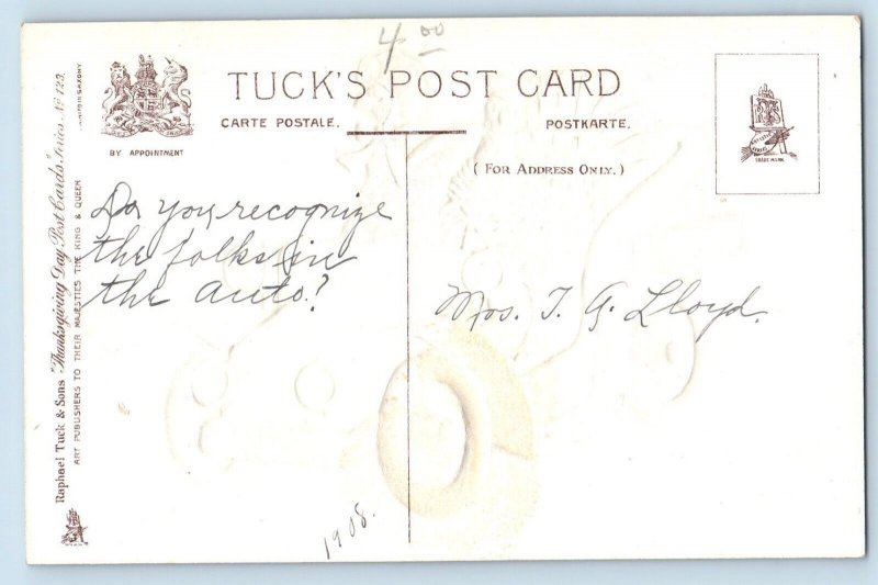 Thanksgiving Postcard Anthropomorphic Turkeys Riding Car Embossed Tuck c1910's