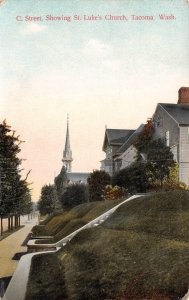 C Street Showing St. Luke's Church TACOMA Washington ca 1910s Antique Postcard