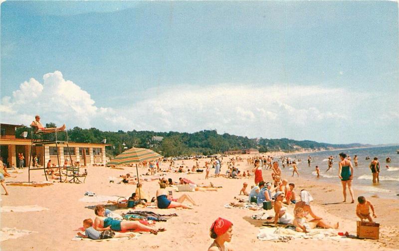 Michigan Beach Scene 1960's family summer fun swimsuits Postcard