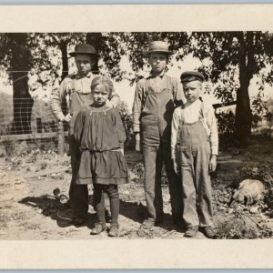 c1900s Children on Farm RPPC Outdoors Sunny Cute Little Girl Boys Overalls A187