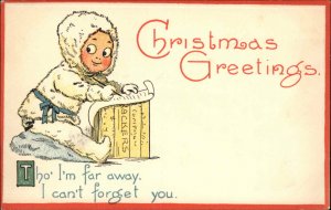 Christmas Cute Kids Child in White Snowsuit Writes Letter c1910 Vintage Postcard