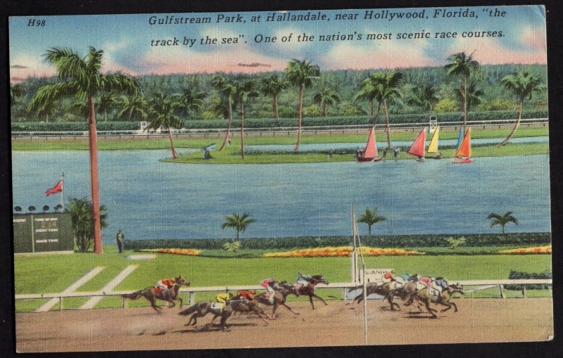 FL HOLLYWOOD Gulfstream Park Horse Racing Scenic Race Course - pm1956 ~ Linen