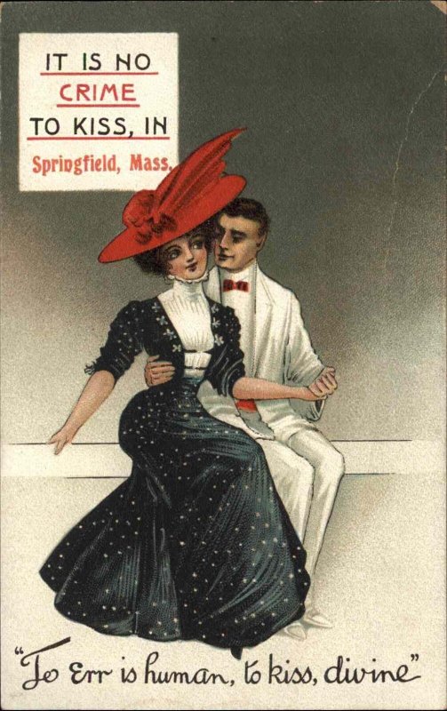 Fancy Couple No Crime to Kiss in Springfield Massachusetts MA c1910 Postcard