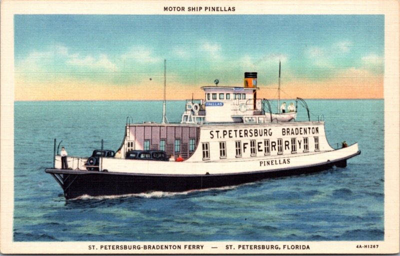 Linen Postcard Motor Ship Pinellas St. Petersburg-Bradenton Ferry in Florida