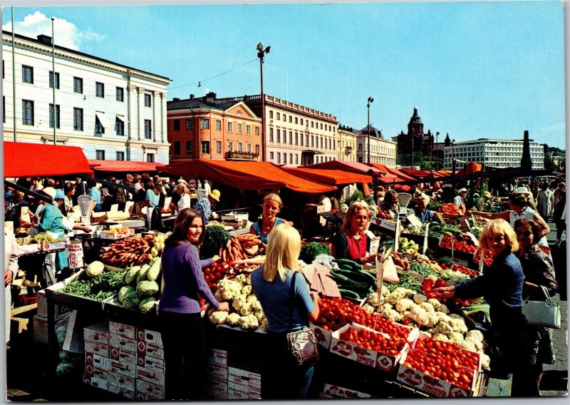 Postcard Finland Helsinki Marketplace scene farmers market