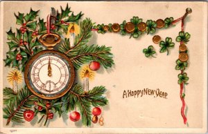 A Happy New Year Postcard Clock Candlestick Holly Tree Branches Clovers