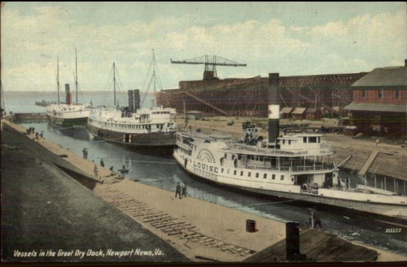 Newport News VA Steamer Boats Ships Dry Dock c1910 Postcard EXC COND