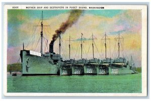 c1920's Mother Ship & Destroyers Smokestacks In Puget Sound Washington Postcard