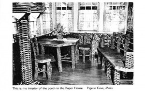 Interior of the porch in Pigeon Cove, Massachusetts in the Paper House.