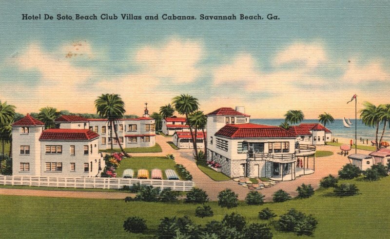 Vintage Postcard Hotel De Soto Beach Club Villas & Cabanas Savannah Beach GA