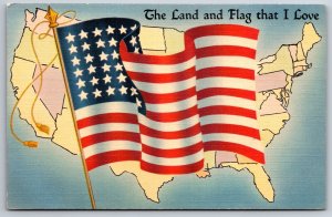 Flags~The Land & Flag That I Love~US Map & Stars & Stripes~Vintage Postcard