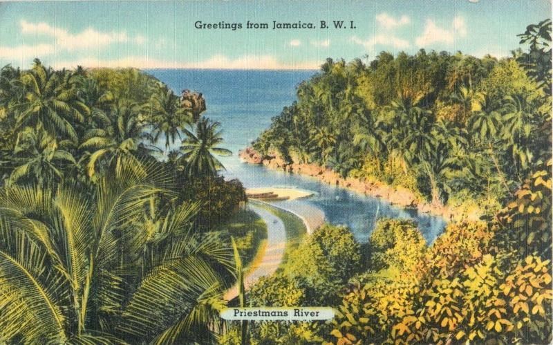 Postcard Greetings from Jamaica, Priestmans River Linen posted stamp removed A37