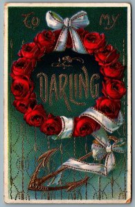 Postcard c1910s Romance To My Darling Rose Wreath with Anchor Gold Gilded