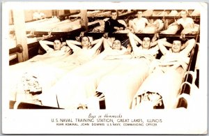 US Naval Training Station, 1942 Great Lakes Illinois Boys Hammocks RPPC Postcard