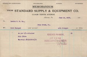 Pennsylvania Standard Supply Co 1907 to Leahey Coal Co Bens Creek Billhead BH42
