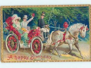 Pre-Linen BEAUTIFUL HORSE PULLS MAGNIFICENT CARRIAGE DECORATED IN FLOWERS HL6214