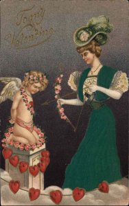 Valentine Beautiful Woman Threatens Cupid Fantasy Real Silk c1910 Postcard