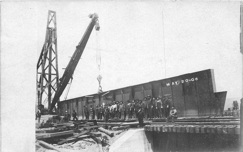 C-1910 Railroad Bridge Construction Crane Occupation Workers RPPC postcard 501