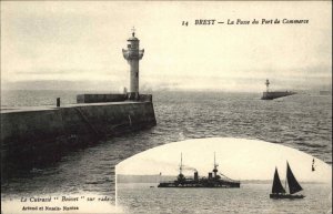 Brest France Lighthouse & Inset of Naval Ship c1915 Postcard