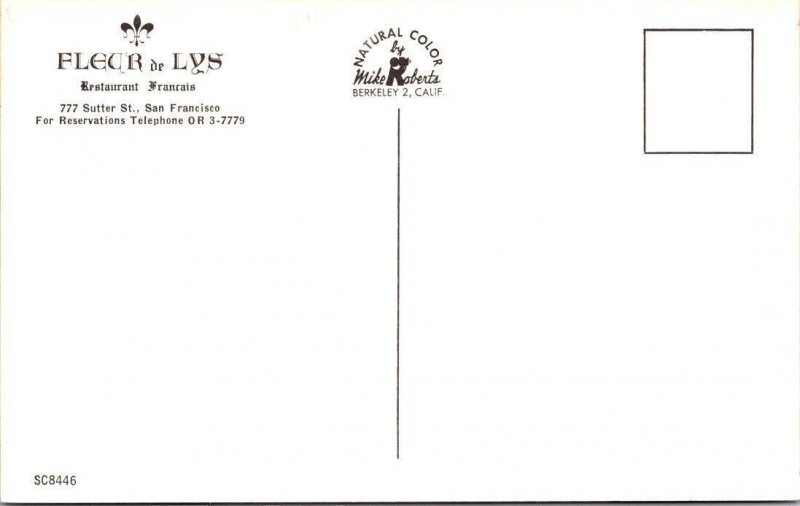 San Francisco, CA California FLEUR DE LYS FRENCH RESTAURANT Advertising Postcard