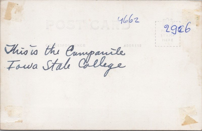 The Campanile Iowa State College Ames Iowa Vintage RPPC C209