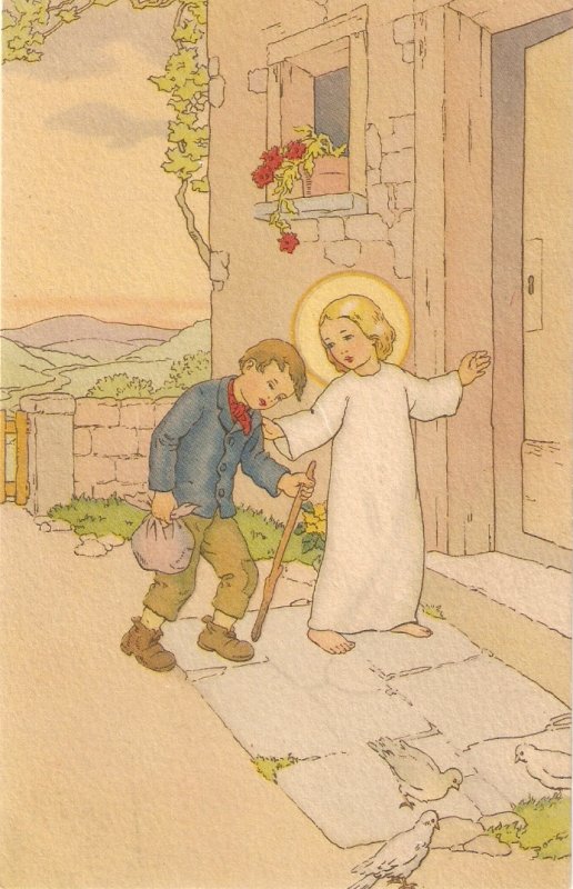 Child Jesus helping a poor boy Lovely Spanish vintage religious PC