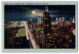 c1930's Night Scene Looking South On Michigan Boulevard Moon Chicago IL Postcard 